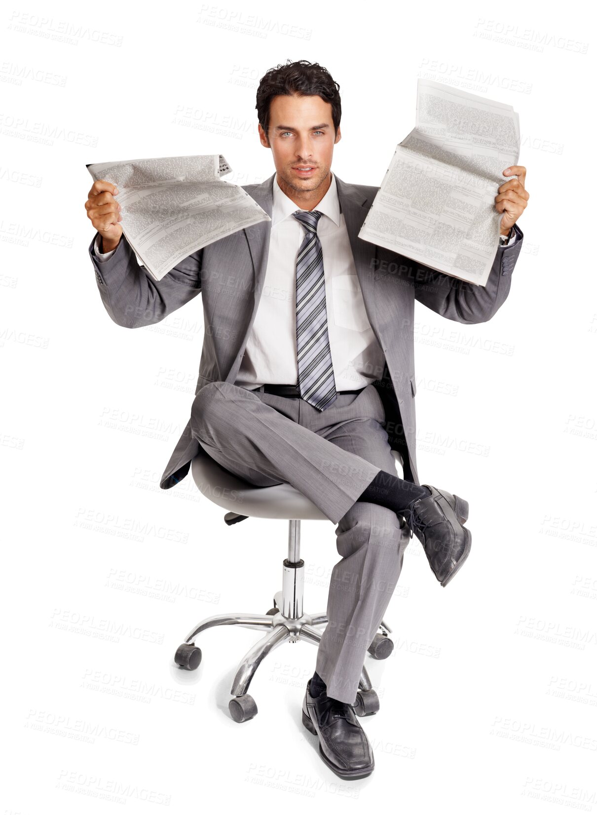 Buy stock photo Portrait, business man and newspaper in focus or young professional or current news and isolated on png background. Corporate, paper and employee with info or formal and career trend on mock up