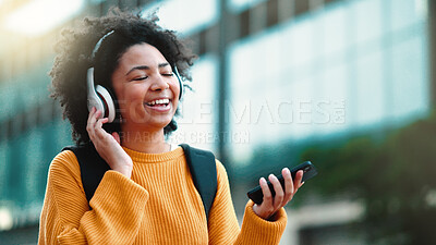 Buy stock photo Happiness, phone music and city woman relax, listening and streaming radio sound, podcast or audio song. Headphones, media mobile app and outdoor person happy, freedom or on morning wellness walk