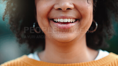 Buy stock photo Smile, happy and the mouth of a woman closeup outdoor as an expression of positive emotion. Dental, teeth and lips with a young black person alone outdoor for oral hygiene, freedom or wellness