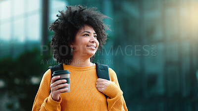 Buy stock photo Thinking, happy and a student on campus with a coffee for an exam or studying. Smile, idea and a woman or young girl walking on a university or college for education or scholarship in the morning