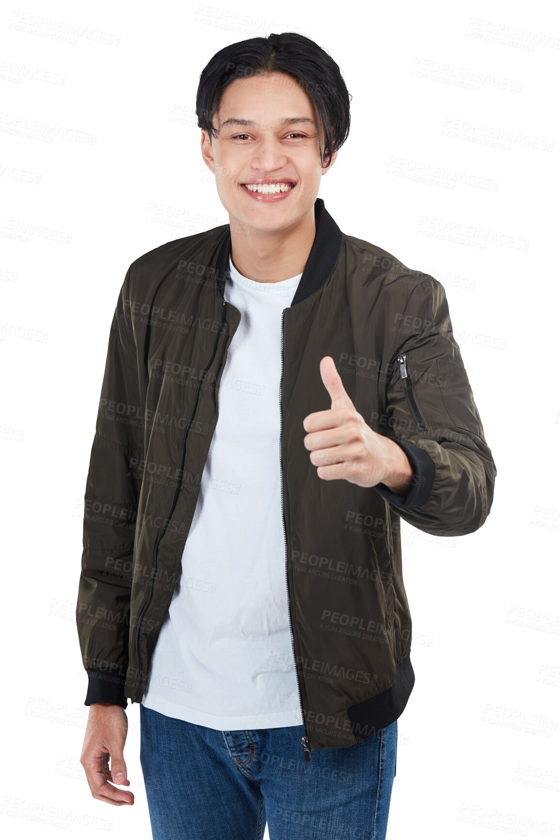 Buy stock photo Thumbs up, portrait of happy man  and isolated in transparent png background. Correct or success, winner or approve and young asian male like emoji hand gesture or sign for support or thank you