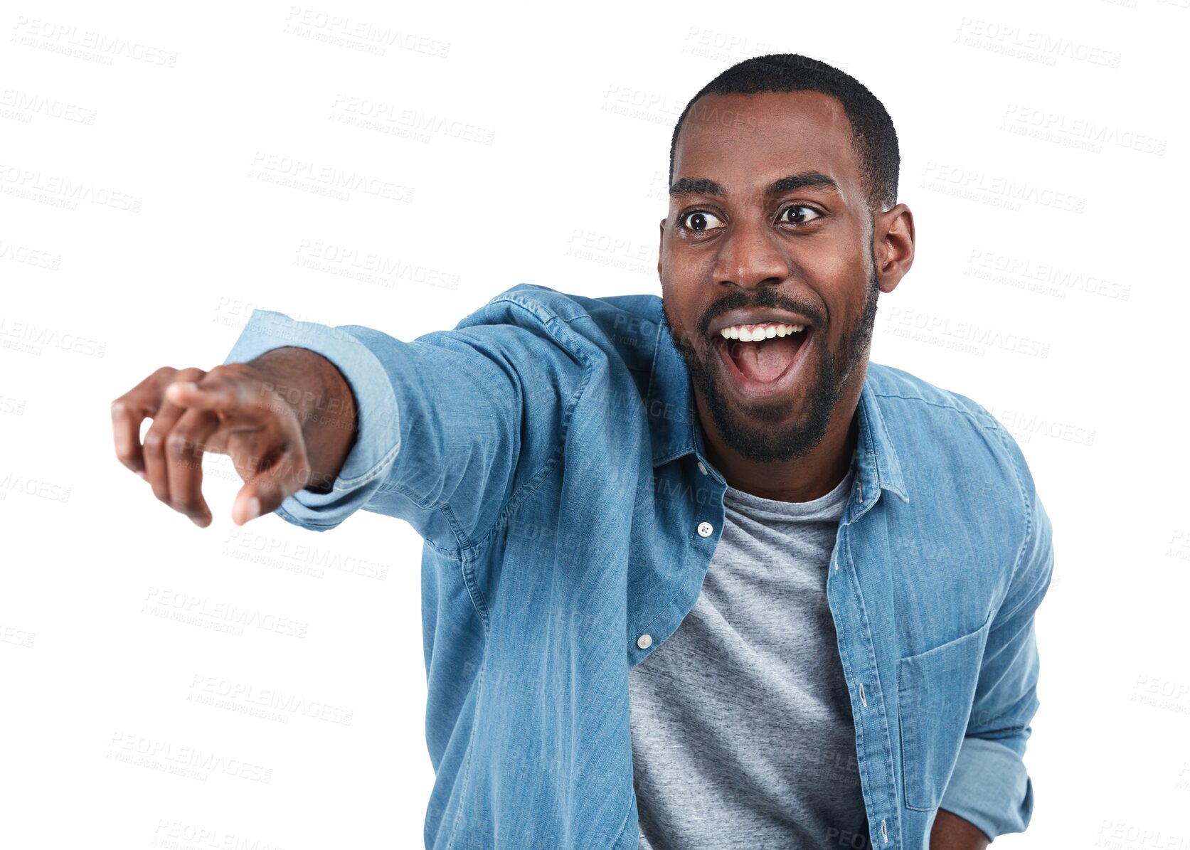 Buy stock photo Wow, direction and pointing with an excited black man isolated on a transparent background for an announcement. Surprise, hand gesture and showing the future with a happy young male person on PNG