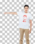 Man, pointing to space for marketing, advertising or product placement on an isolated and transparent png background. Serious Asian male showing point of advertisement, news or notification