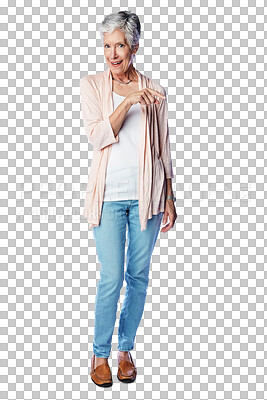 Buy stock photo Portrait, PNG and a pointing senior woman isolated on a transparent background for fashion or advertising. Marketing, style and hand gesture with a mature female brand ambassador showing a product