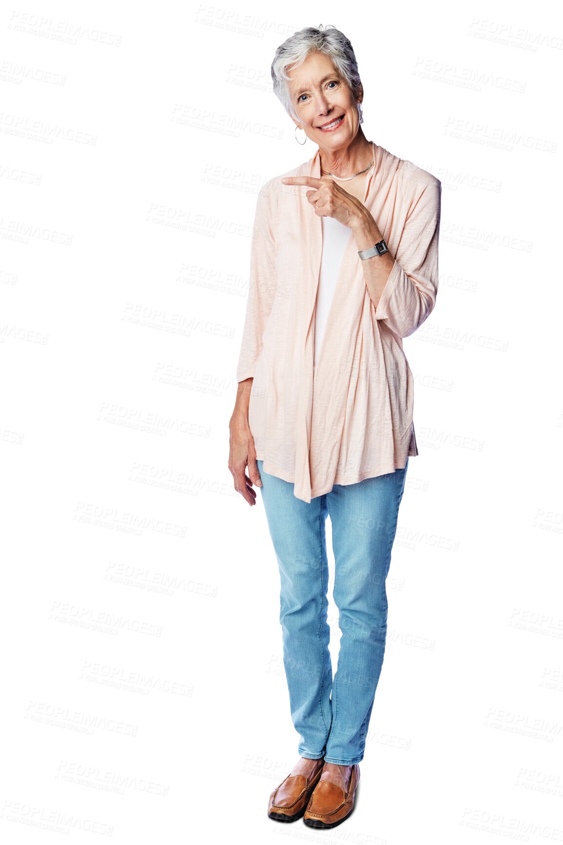 Buy stock photo Happy, pointing and portrait of senior woman with promotion, selection or choice isolated on a transparent png background. Marketing gesture, elderly female person and offer, branding or advertising.