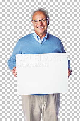 Buy stock photo Senior man, portrait smile and billboard, poster or placard for advertising, marketing or branding. Happy elderly male showing board for mockup or copy space isolated on a transparent PNG background