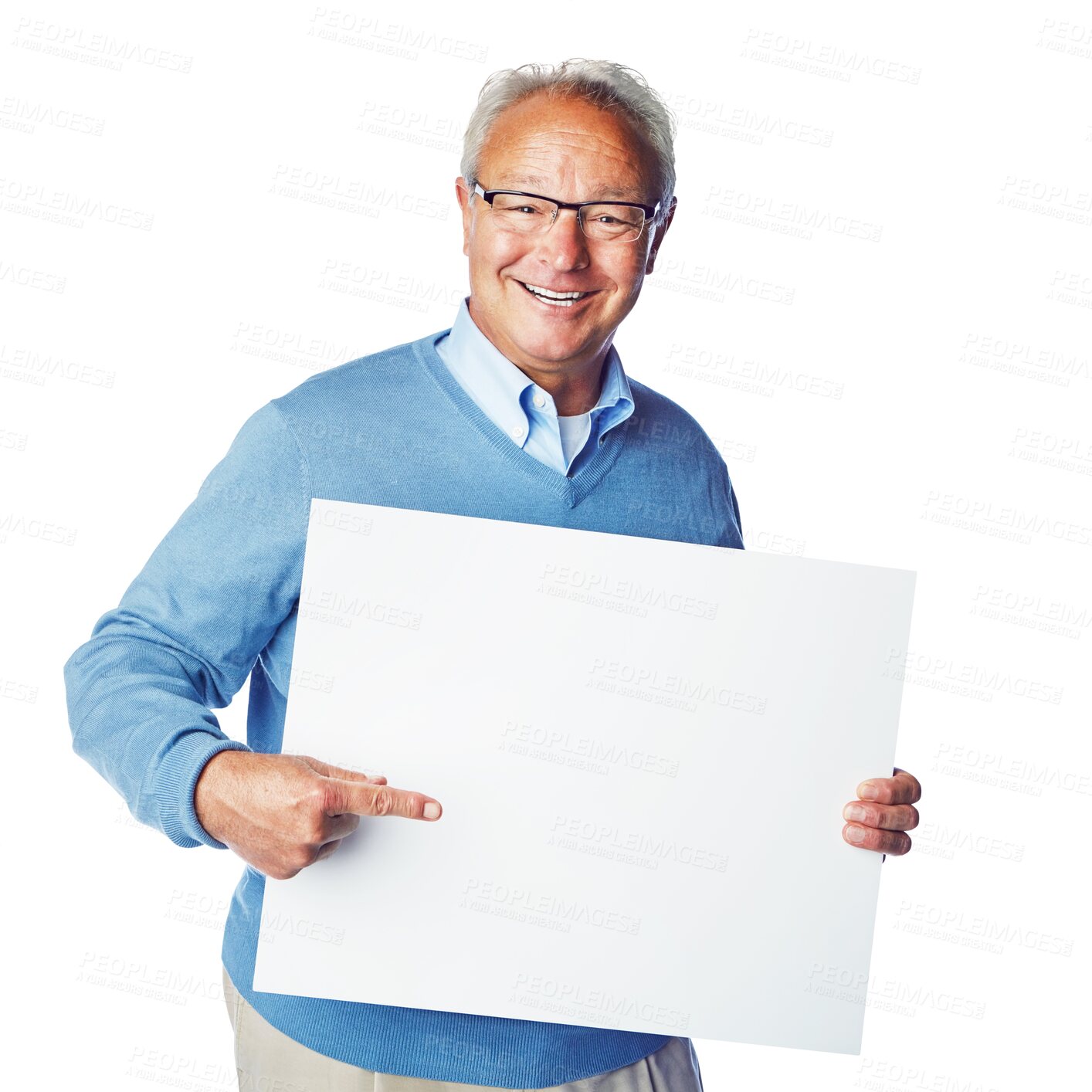 Buy stock photo Senior man, portrait and pointing on poster, billboard or placard for advertising or marketing. Happy elderly male showing board for mockup or copy space isolated on a transparent PNG background