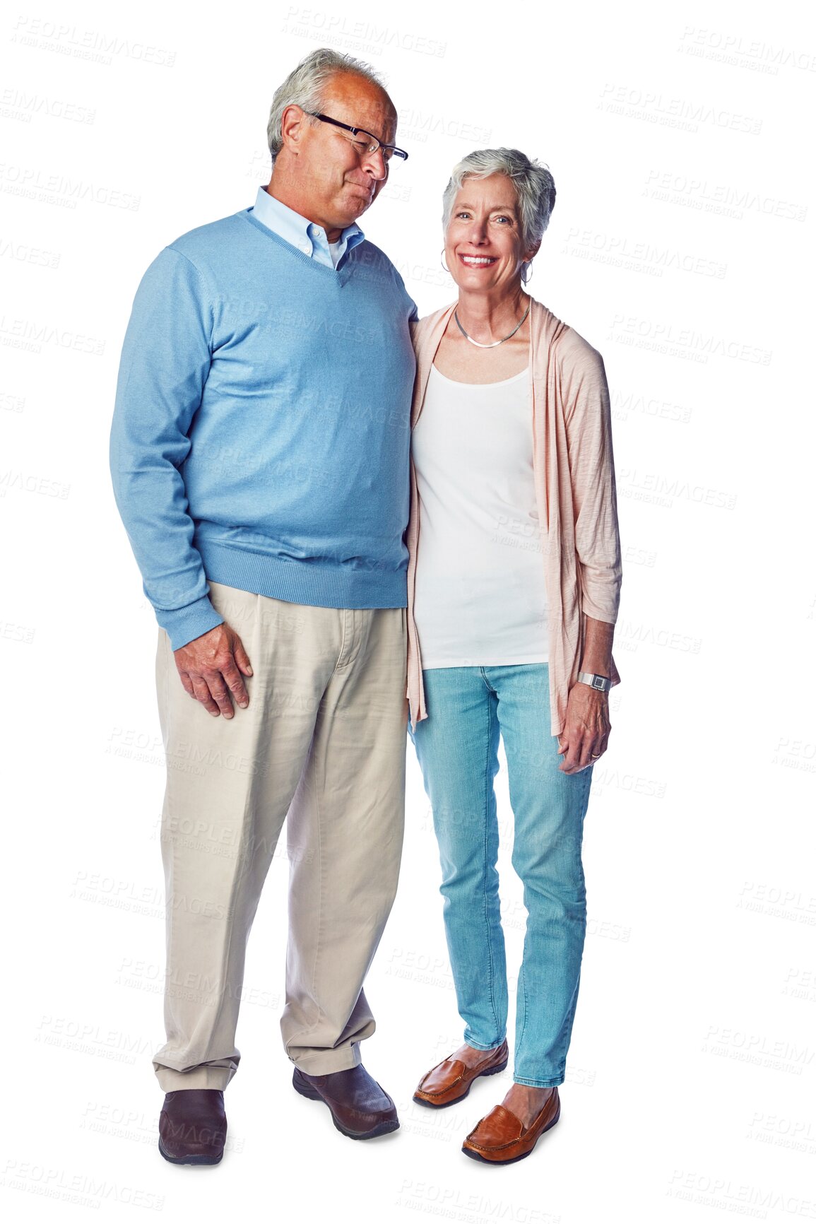 Buy stock photo Smile, love and portrait of elderly couple hugging with care, confidence and happiness embracing. Happy, retirement and full length of senior man and woman isolated by a png transparent background.