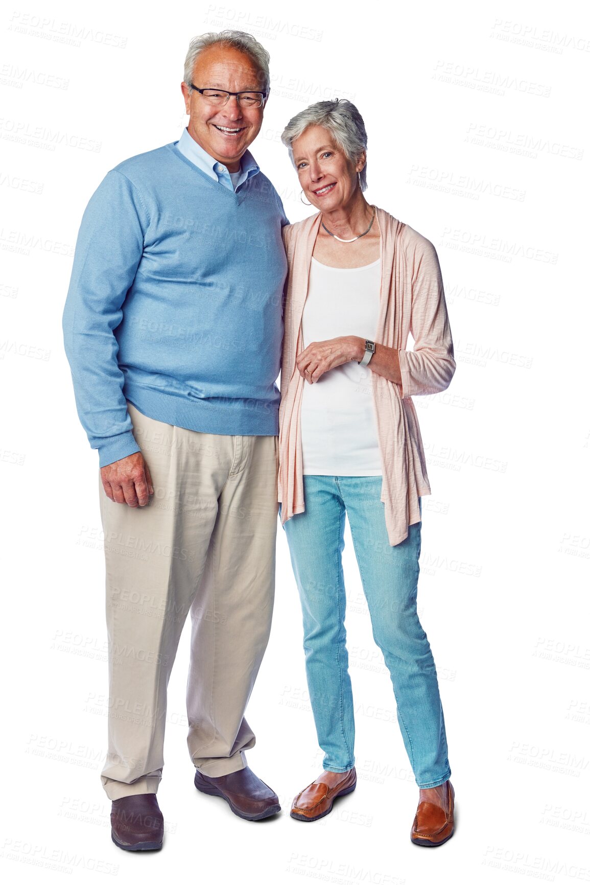 Buy stock photo Happy, love and portrait of senior couple hugging with care, confidence and happiness embracing. Smile, retirement and full length of elderly man and woman isolated by a png transparent background.