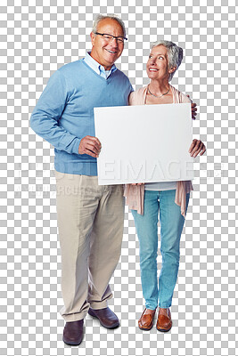 Buy stock photo Senior couple, portrait smile and poster, billboard or placard in advertising or marketing. Happy elderly man and woman showing board for mockup or copy space isolated on a transparent PNG background