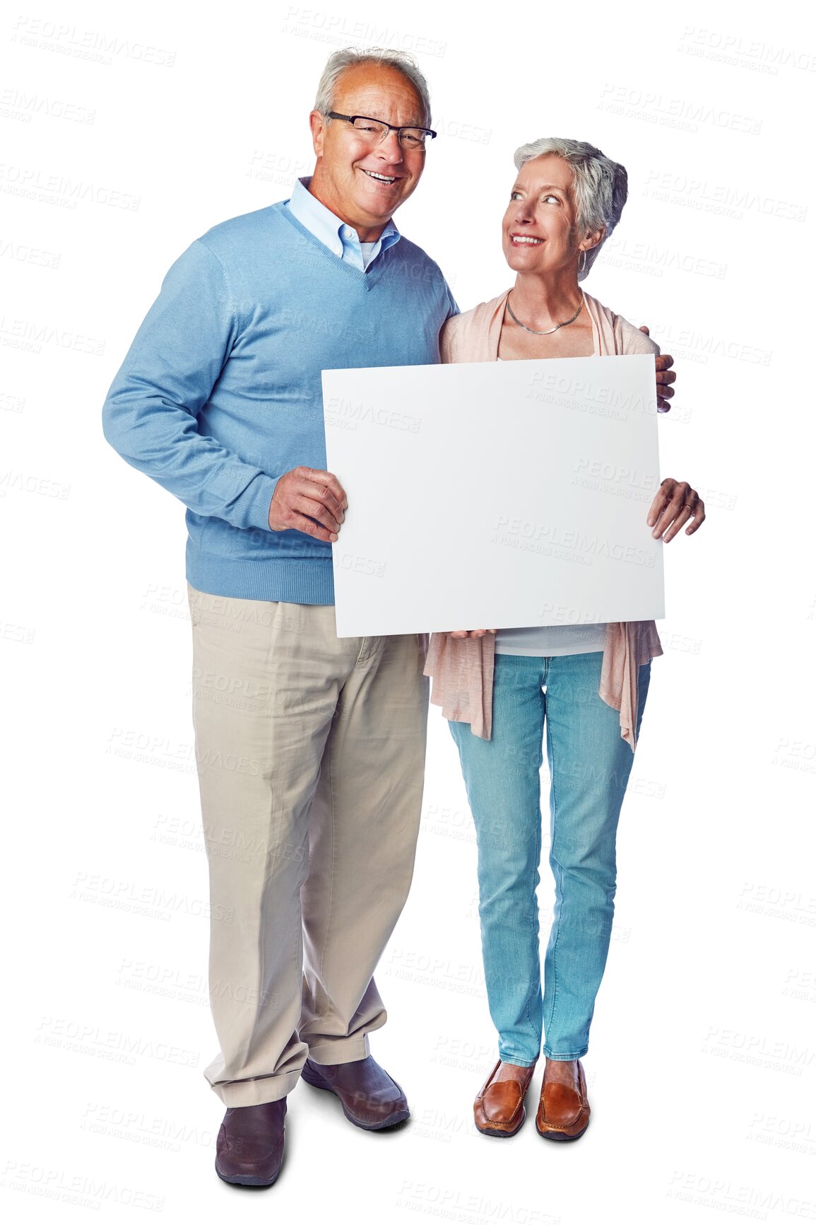 Buy stock photo Senior couple, portrait smile and poster, billboard or placard in advertising or marketing. Happy elderly man and woman showing board for mockup or copy space isolated on a transparent PNG background