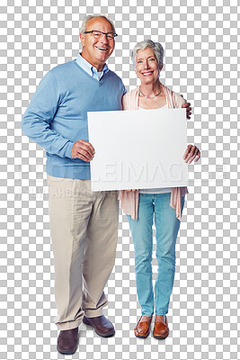 Buy stock photo Senior couple, portrait smile and billboard, poster or placard in advertising or marketing. Happy elderly man and woman showing board for mockup or copy space isolated on a transparent PNG background