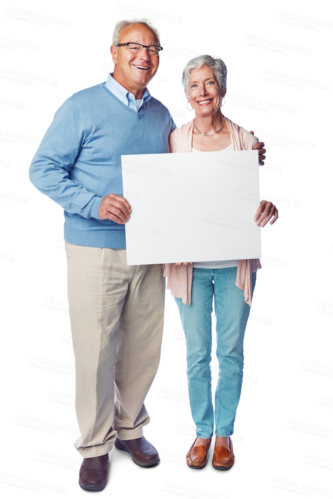 Buy stock photo Senior couple, portrait smile and billboard, poster or placard in advertising or marketing. Happy elderly man and woman showing board for mockup or copy space isolated on a transparent PNG background