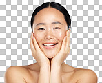 Cosmetics, asian woman and facial care for natural beauty, wellness and smile being happy, isolated on a png background and healthy. Portrait, makeup and organic facial for skincare, health and relax body care.