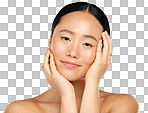 Skincare, beauty and woman with facial wellness against a grey mockup isolated on a png background. Face portrait of a young, Asian and happy model with luxury cosmetics from dermatology and mock up space