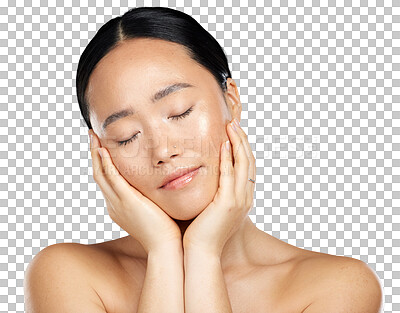 Buy stock photo Natural, beauty and asian woman with hands on face for dermatology, skin health or wellness. Headshot of aesthetic female model isolated on transparent, png background for facial cosmetics and shine