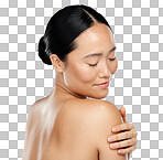 Beauty, skincare and body cream with woman touching her shoulder and skin after routine dermatology therapy. Smile, happy and natural asian girl and model posing for wellness, health and cosmetics isolated on a png background