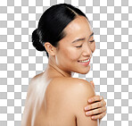 Skincare, beauty and body care with a model asian woman in isolated on a png background for natural wellness. Cosmetic, treatment and skin care with an attractive woman posing to promote a product