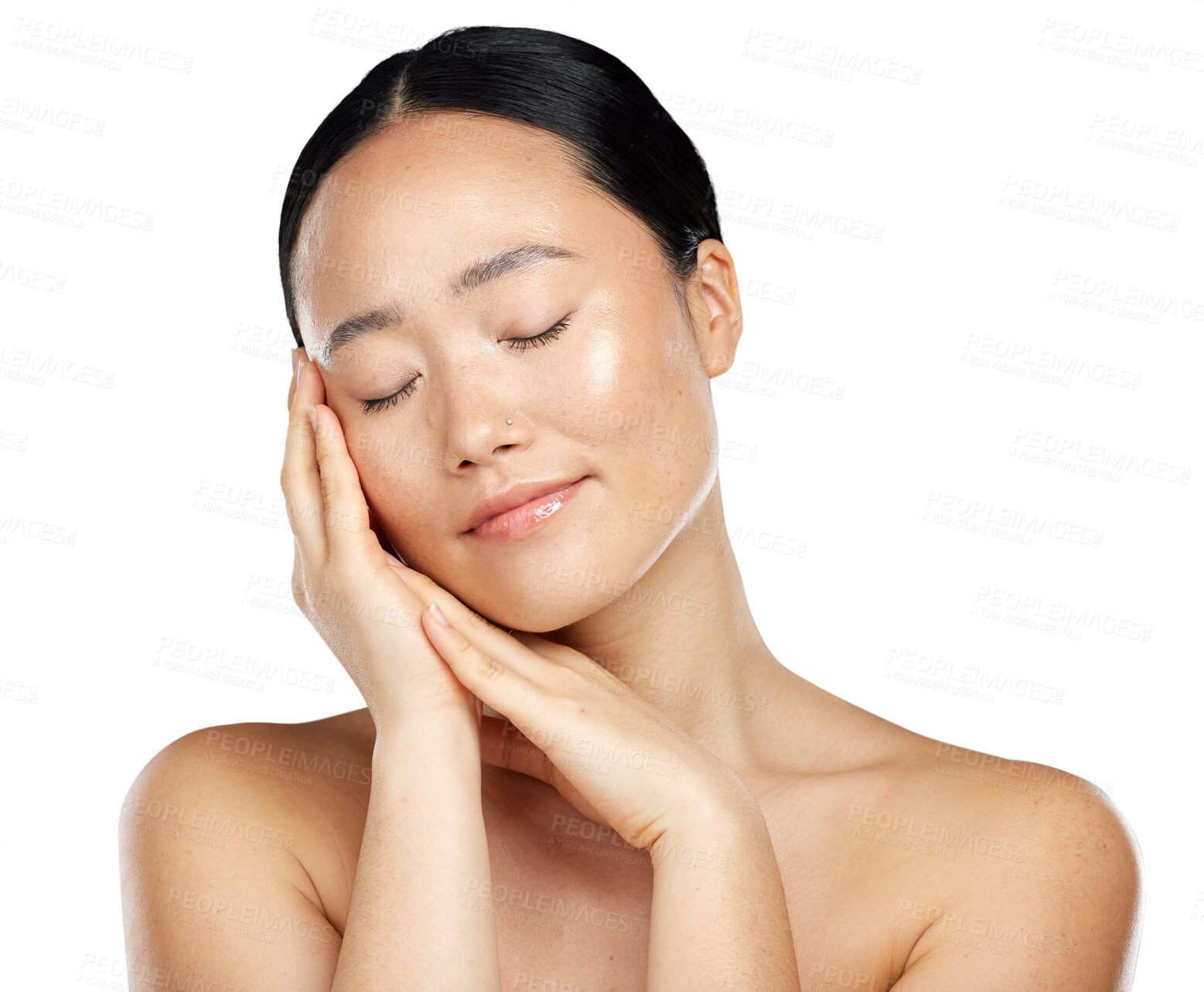 Buy stock photo Natural, beauty and asian woman with hands on face for glow, cosmetics and skin health or wellness. Headshot of aesthetic female model isolated on transparent, png background for facial dermatology