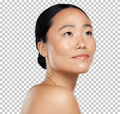 Buy stock photo Asian woman, beauty and natural face with skin glow, cosmetics and health or wellness. Aesthetic female model thinking of facial dermatology results and shine isolated on transparent, png background