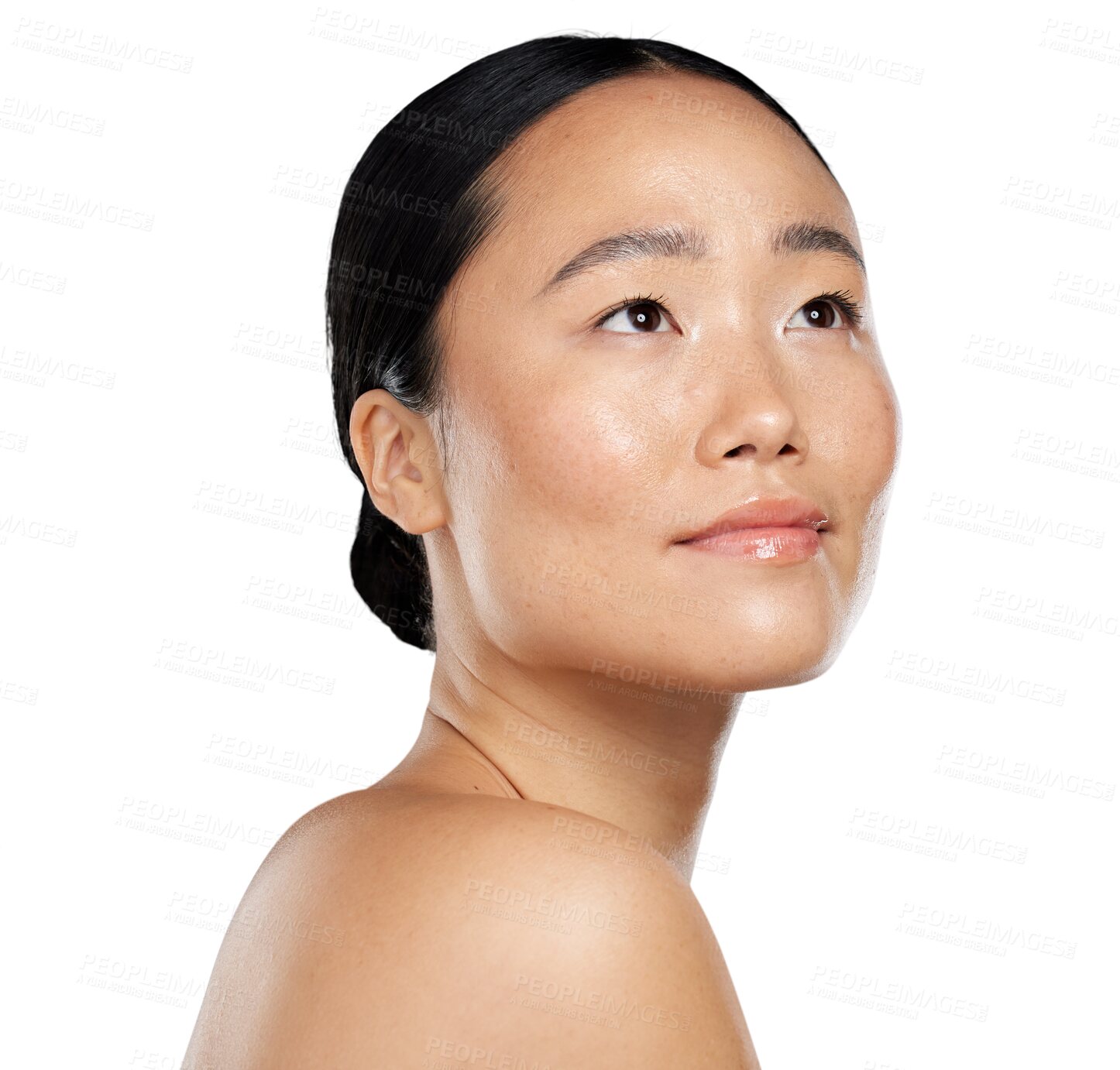 Buy stock photo Asian woman, beauty and natural face with skin glow, cosmetics and health or wellness. Aesthetic female model thinking of facial dermatology results and shine isolated on transparent, png background