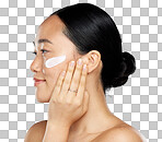 Beauty, skin and woman with face and cream, skincare and natural cosmetics advertising, facial product and treatment with isolated on a png background. Asian model, moisturizer and healthy body care.