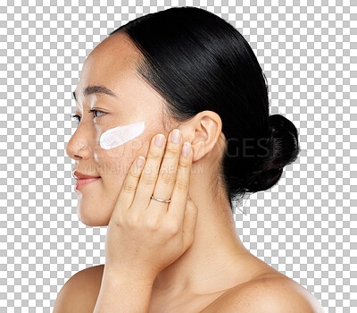 Buy stock photo Face cream, natural beauty and profile of asian woman with glow, cosmetics and skin health or wellness. Aesthetic female model facial dermatology moisturizer isolated on transparent, png background