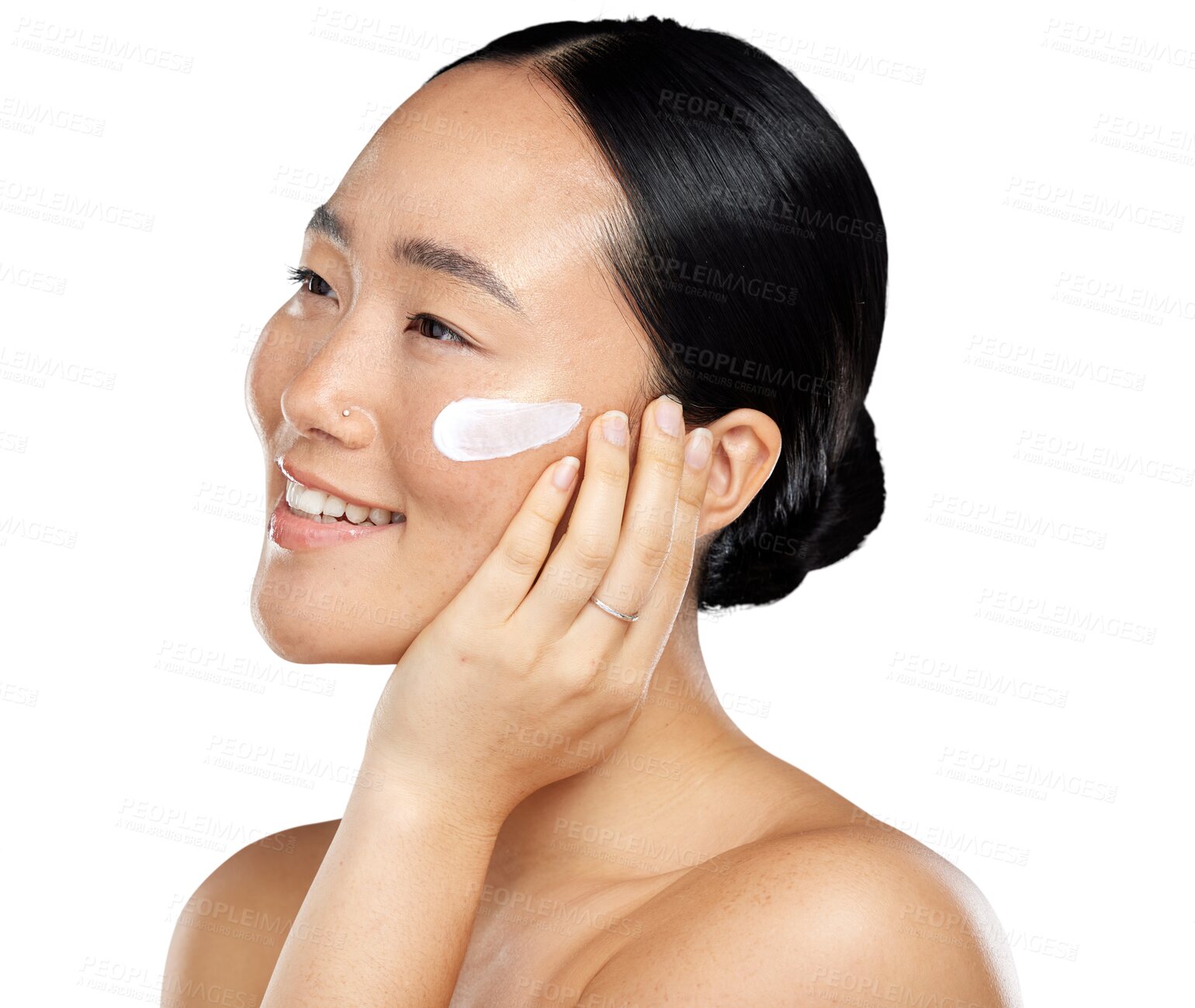 Buy stock photo Natural skin, asian woman and beauty cream for glow, health or wellness cosmetics. Headshot of happy aesthetic female model thinking of facial moisturizer isolated on transparent, png background