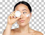 Face, beauty and skincare with a model asian woman in studio on a isolated on a png background to promote a product. Wellness, luxury and facial with an attractive young woman posing for cosmetics or health