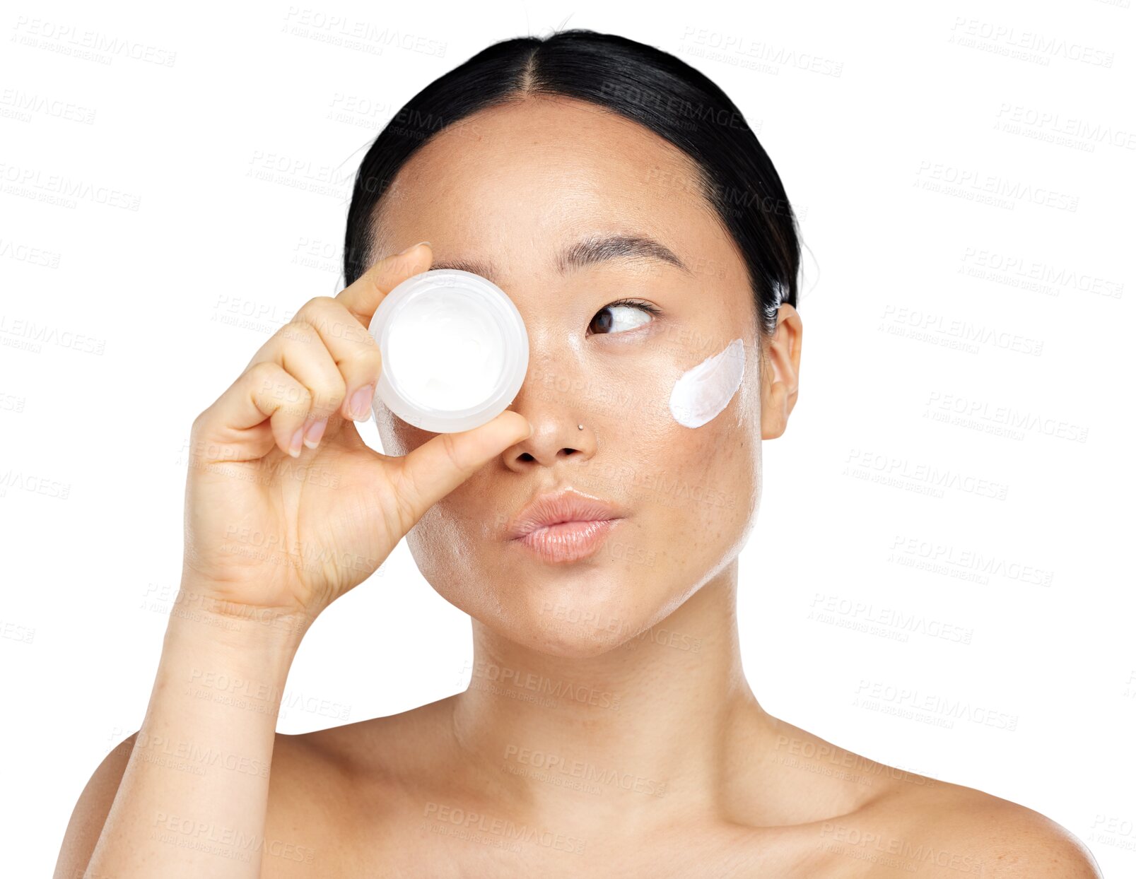 Buy stock photo Asian woman, face and beauty cream container for skin glow, wellness and cosmetics. Aesthetic female model headshot with facial moisturizer or skincare product isolated on transparent, png background