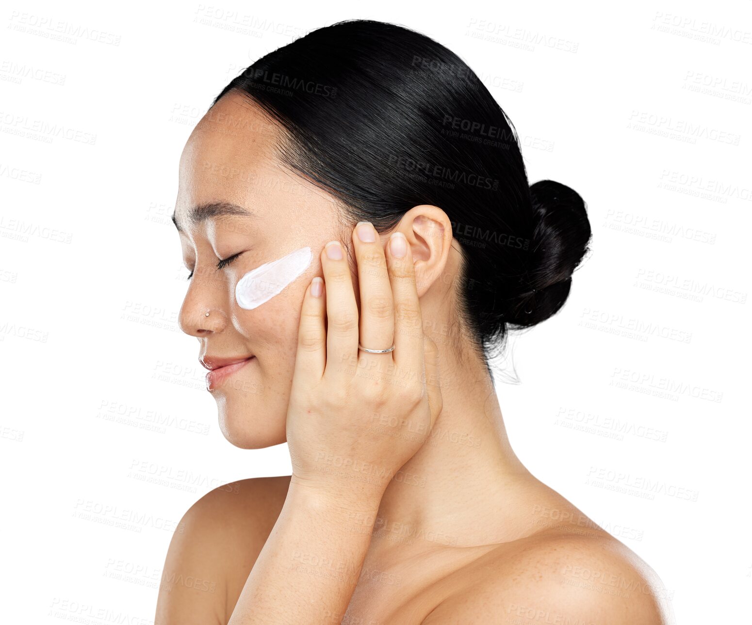 Buy stock photo Natural beauty, face cream and asian woman profile with skin glow, cosmetics and health or wellness. Headshot of aesthetic female model isolated on transparent, png background with facial moisturizer