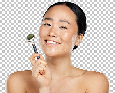 Buy stock photo Facial roller, natural beauty and woman with skin glow, health or wellness cosmetics. Portrait of asian female model happy with dermatology massage results isolated on transparent, png background