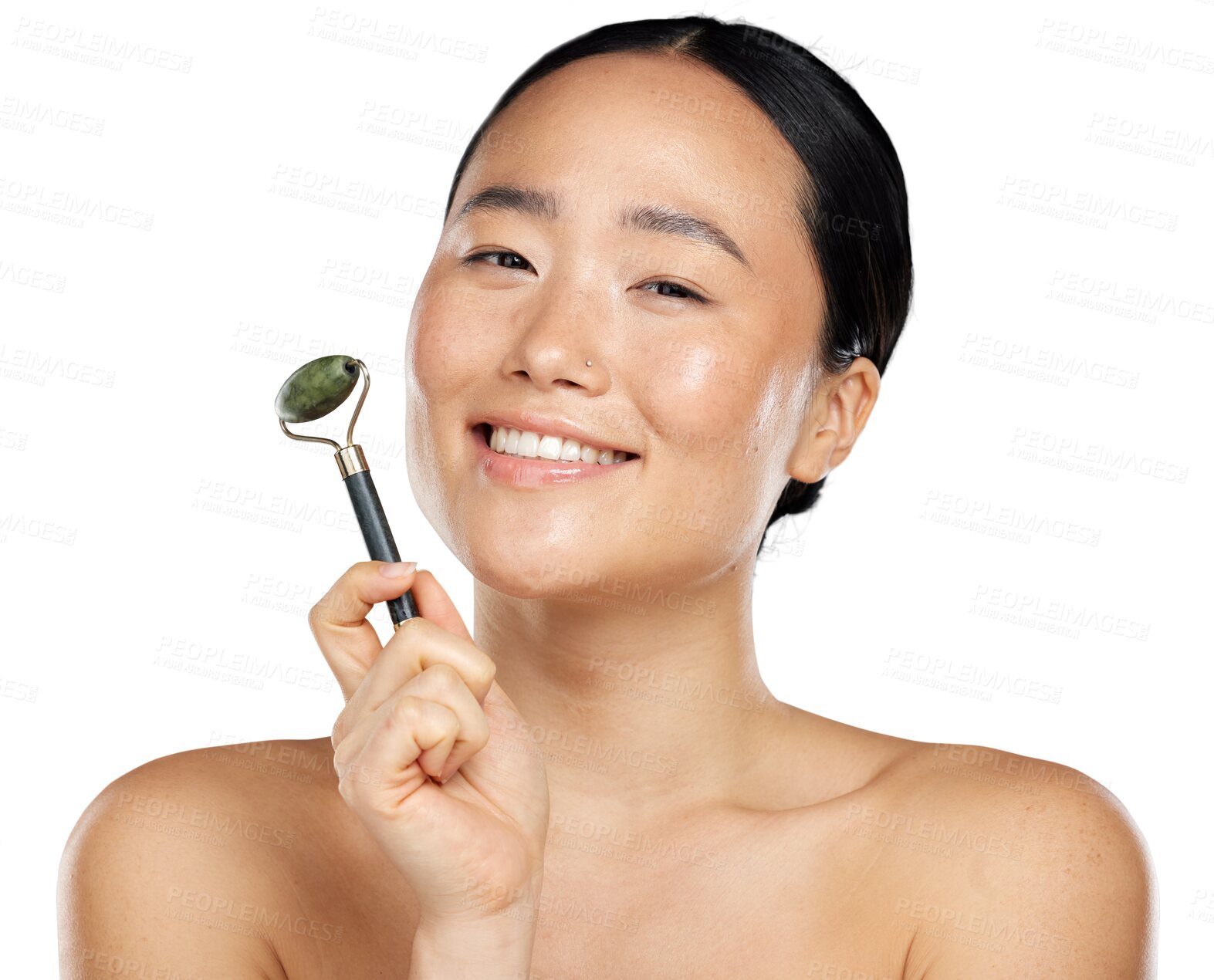 Buy stock photo Facial roller, natural beauty and woman with skin glow, health or wellness cosmetics. Portrait of asian female model happy with dermatology massage results isolated on transparent, png background