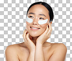 Beauty, skincare and woman using eye patch, face mask or dermatology product against mockup studio background. Happy asian girl model using facial cosmetics on skin for a healthy glow with collagen isolated on a png background