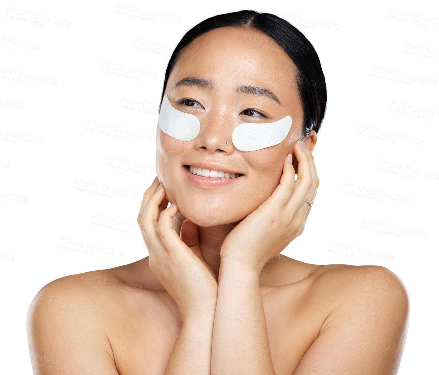 Buy stock photo Eye patch, beauty and face of asian woman with skin care, health or wellness cosmetics. Happy female model thinking of facial dermatology mask for natural glow isolated on transparent, png background