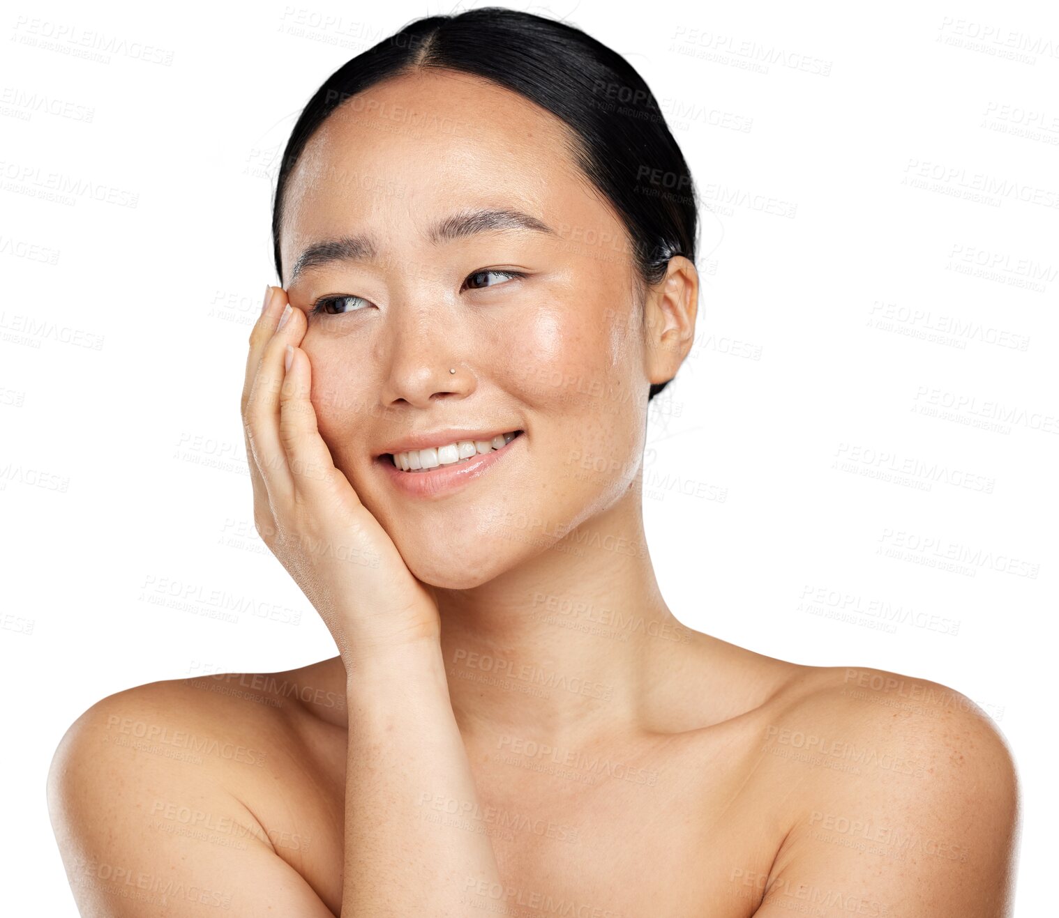 Buy stock photo Natural skin, beauty and face of asian woman with glow, health and wellness cosmetics. Happy aesthetic female model thinking of facial dermatology and skincare isolated on transparent, png background