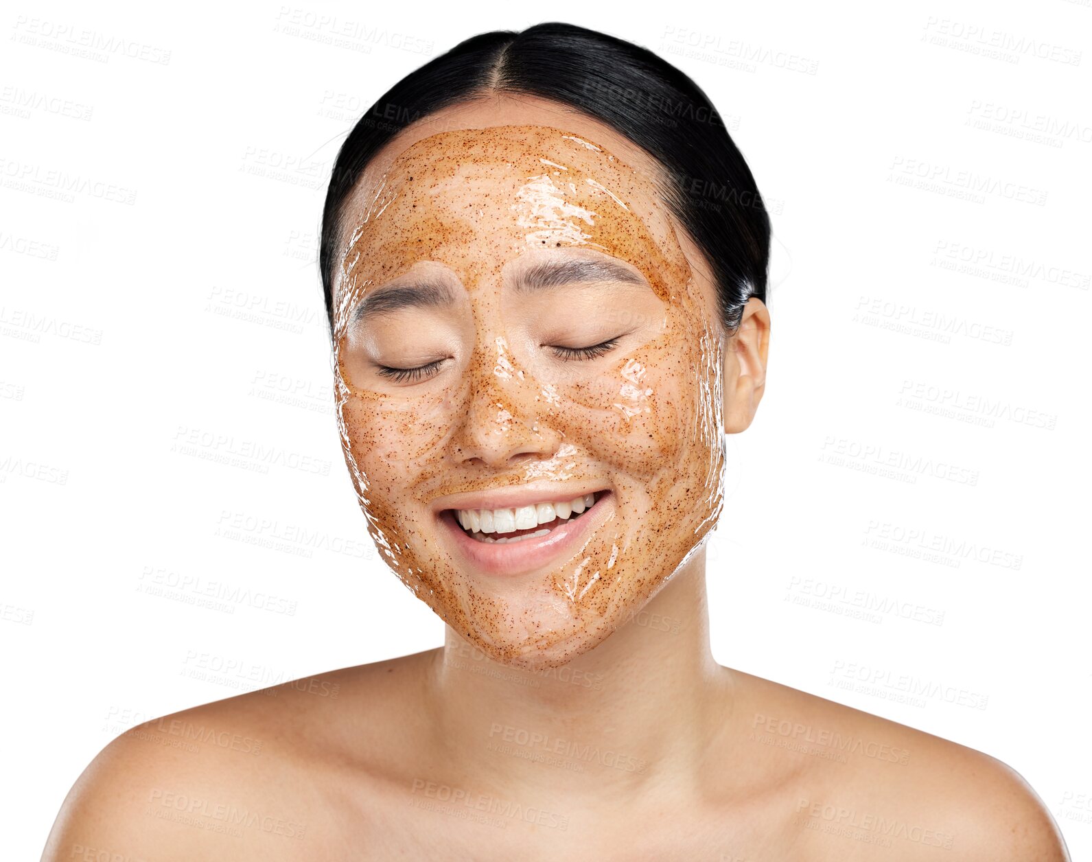 Buy stock photo Skin, face and a woman with coffee mask or scrub for glow, health and wellness. Headshot of happy asian female model for facial dermatology or natural skincare isolated on transparent, png background