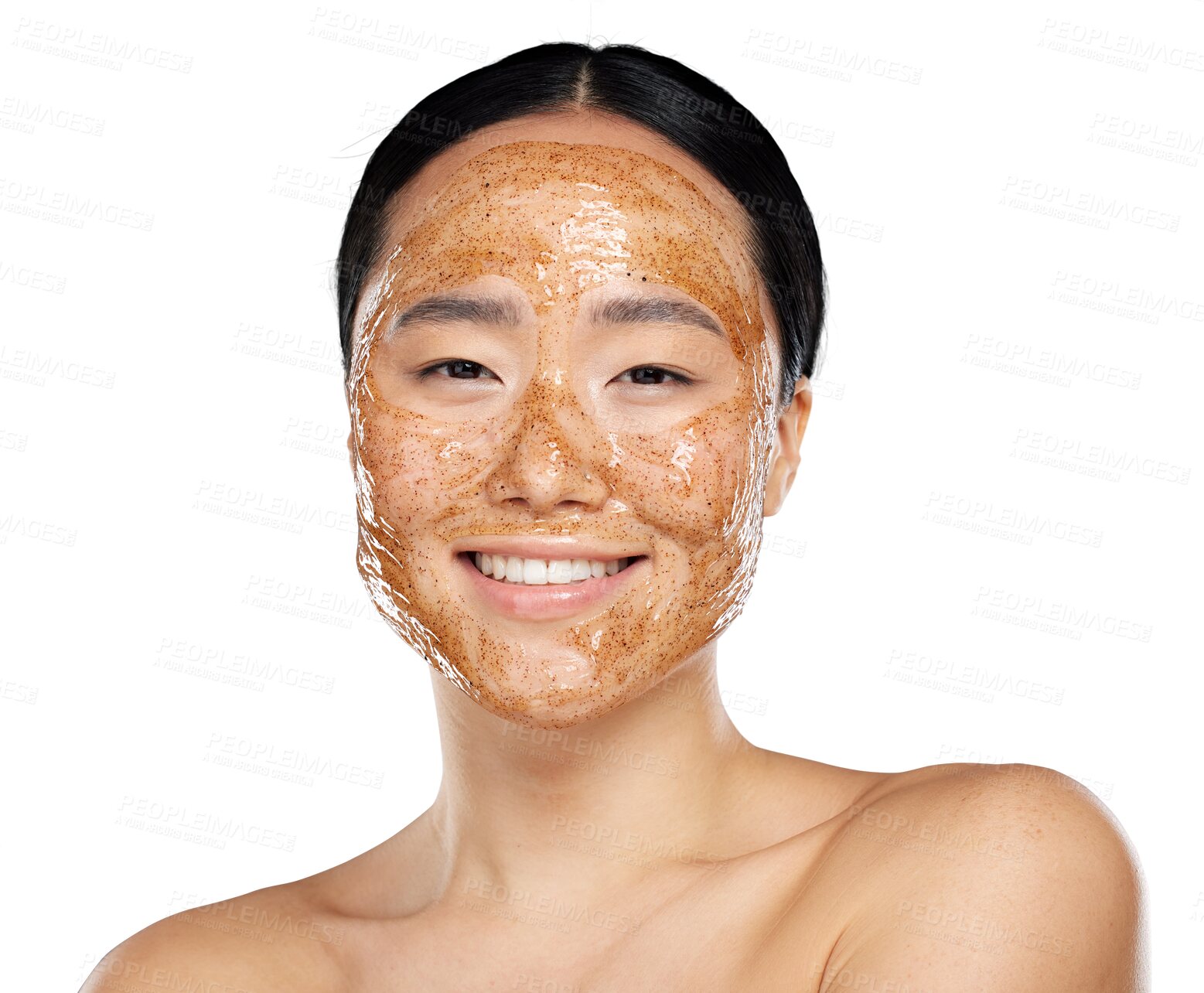 Buy stock photo Face, beauty and a woman with coffee mask or scrub for skin glow, dermatology and health. Portrait of a happy asian female model for skincare or natural facial isolated on transparent, png background