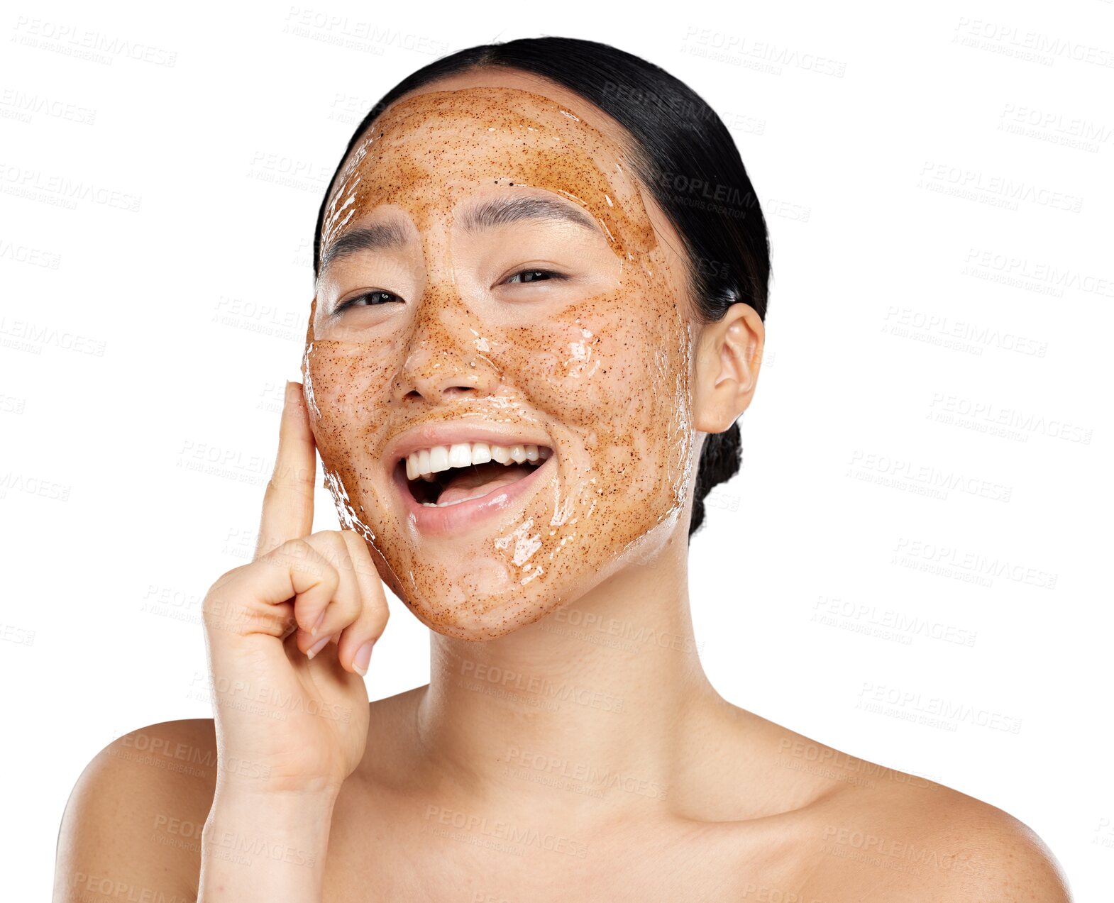 Buy stock photo Happy woman, beauty and face with a coffee mask or scrub for skin glow and wellness. Portrait of happy asian female model for dermatology or natural facial isolated on transparent, png background