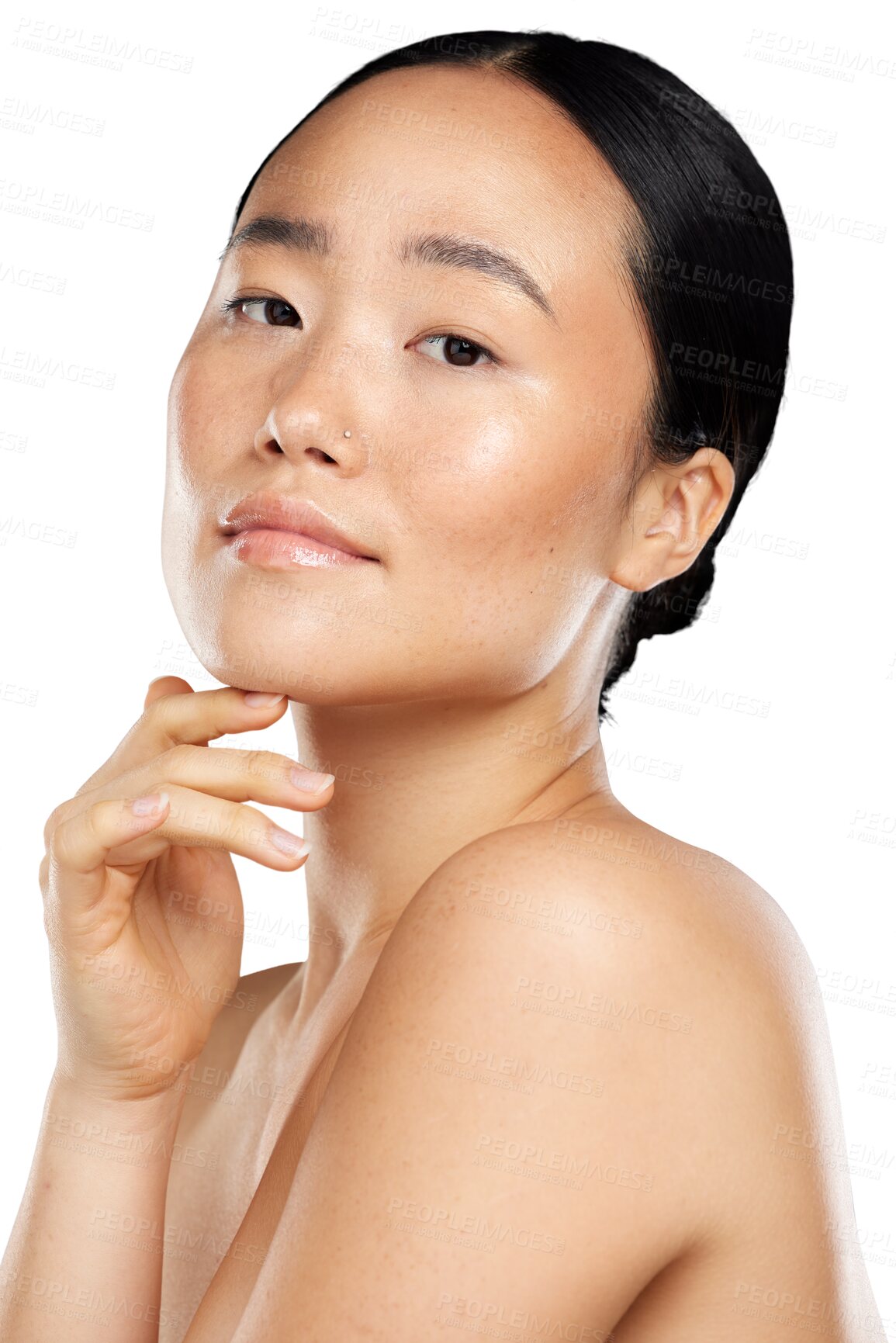 Buy stock photo Face, skin and natural beauty of asian woman with cosmetics glow, health and wellness. Portrait of aesthetic female model isolated on transparent, png background for facial dermatology and skincare