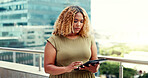 Business woman, happy portrait and tablet while in city for online communication, networking or trading. Black person with urban buildings rooftop with 5g network connection for writing email online