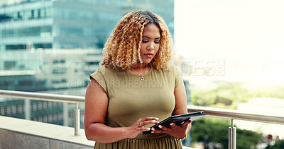 Business woman, happy portrait and tablet while in city for online communication, networking or trading. Black person with urban buildings rooftop with 5g network connection for writing email online
