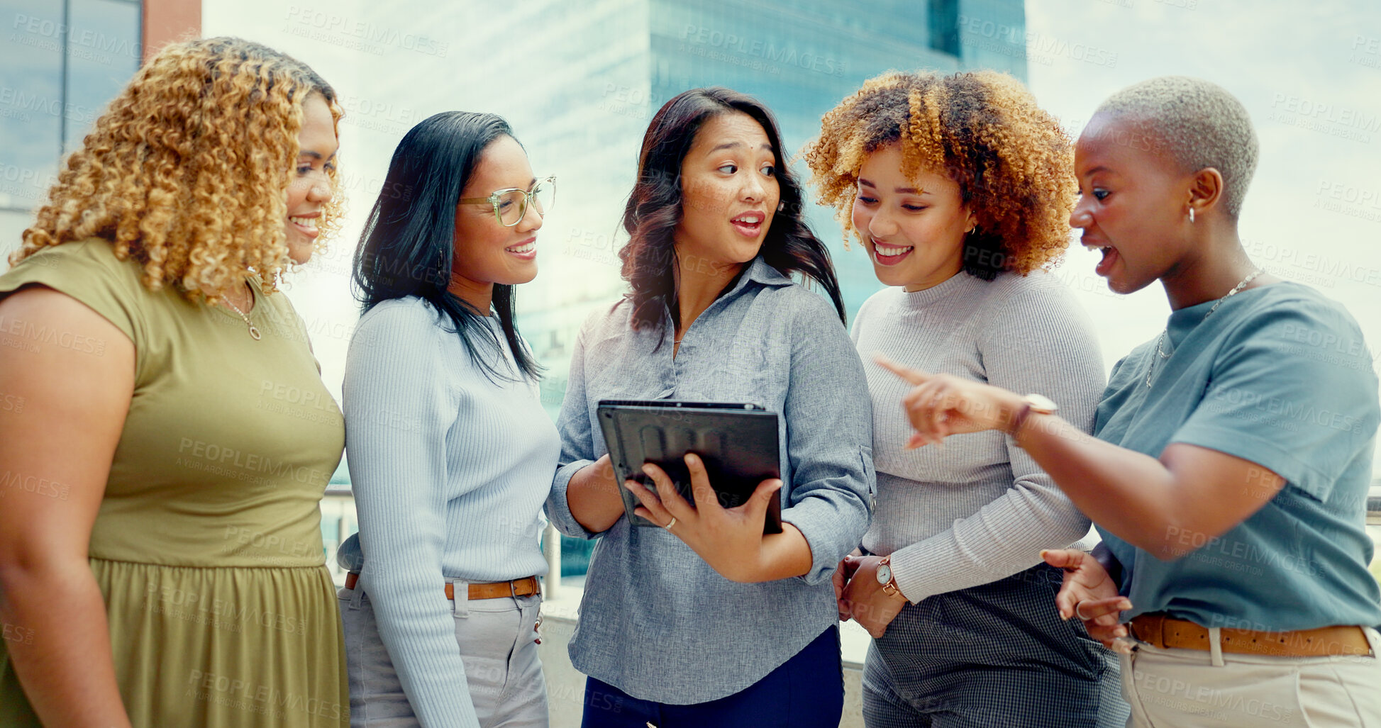 Buy stock photo Tablet, teamwork and business women on rooftop of building in city for planning project. Digital technology, group and professional female designers working in collaboration on office balcony in town