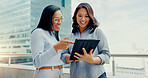 Tablet, partnership teamwork and happy people on balcony review social network, customer experience or business ecommerce. Brand monitoring data, talking and women teamwork on online survey feedback