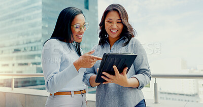 Tablet, partnership teamwork and happy people on balcony review social network, customer experience or business ecommerce. Brand monitoring data, talking and women teamwork on online survey feedback