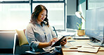 Digital tablet, office and business woman doing research for a corporate project by her desk. Technology, internet and professional female employee working on company report or proposal at workplace.