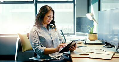 Digital tablet, office and business woman doing research for a corporate project by her desk. Technology, internet and professional female employee working on company report or proposal at workplace.