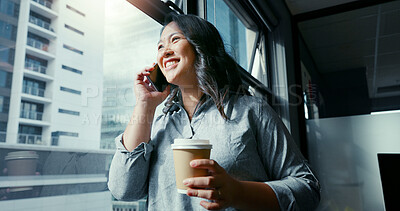 Business woman, phone call and coffee in communication, talking or conversation by window in corporate city building. Female manager or leader in discussion for strategy on smartphone at the office