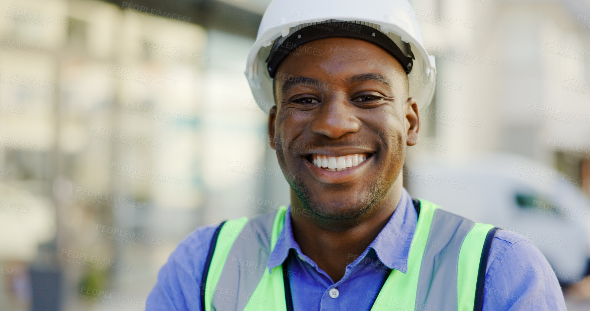 Buy stock photo Happy man, engineering portrait and construction site, project management or outdoor, city building. Face of african person, builder or architecture worker in urban development or property renovation