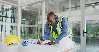 Buy stock photo Black man, architect and drawing blueprint for construction job, engineering and design with developer. Contractor, maintenance and architecture project with floor plan, paperwork and productivity